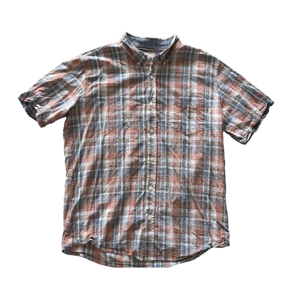 Weatherproof Men's Size XL Short Sleeve Button Up‎ Blue Orange Plaid 100% Cotton